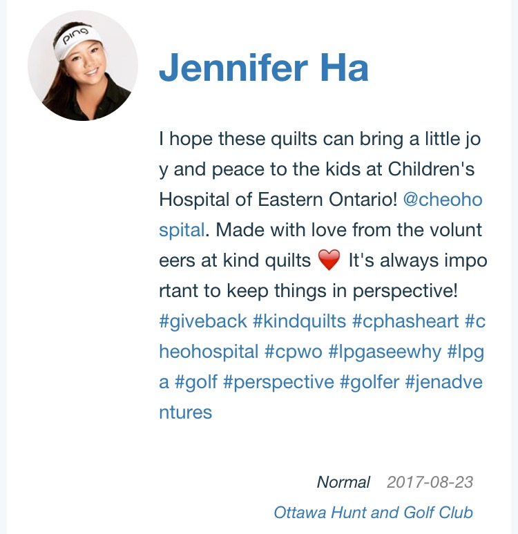 LPGA Pro Jennifer Ha Delivers Quilts to Children! 